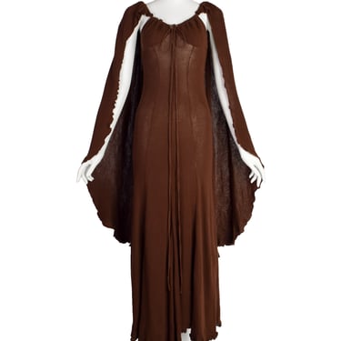 Diana Leslie Vintage 1970s Brown Ribbed Cotton Cape Sleeve Maxi Dress