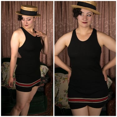 1920s Bathing Suit - Class Black Wool Vintage 20s Bathing Suit with Red Striped Band by Bradley 