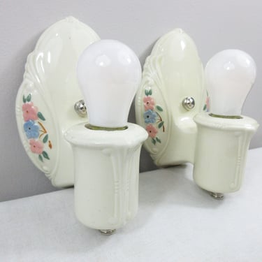 Refurbished Art Deco Wall Sconces for Bath - Pair - 1920's 1930's - Porcelier - Pink & Blue Floral  - Rewired for Hard Wire Use 