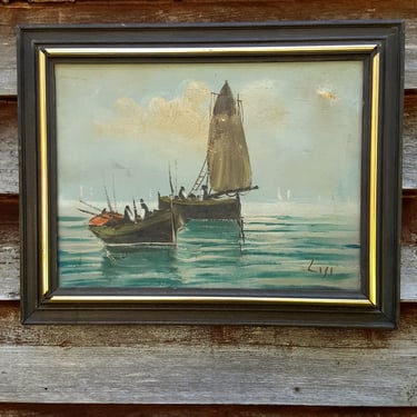 Vintage Dutch Seascape Oil Painting - Ships In Harbor On Canvas