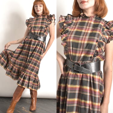Vintage 1980s Dress / 80s Plaid Cotton Ruffle Dress / Black Yellow Pink ( M L ) 