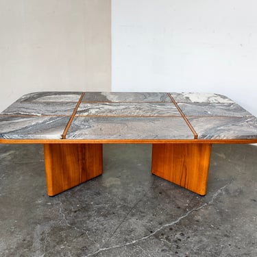 Vintage Mid Century Granite Stone and Teak Wood Grid Coffee Table 