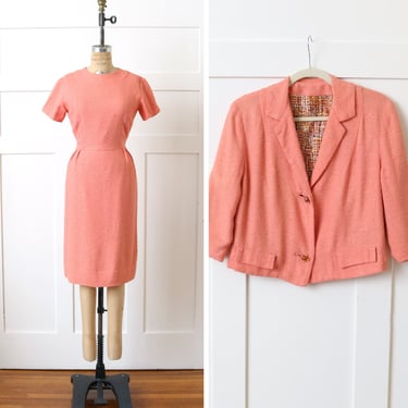 vintage 1960s tailored dress set • nubby boucle textured peach fuzz dress & boxy jacket 