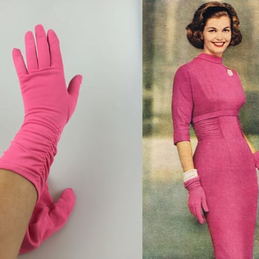 Heaven Can Wait - Vintage 1950s 1960s Fuchsia Hot Pink Shirred Rayon Over Wrist Gloves - 7.5/8 