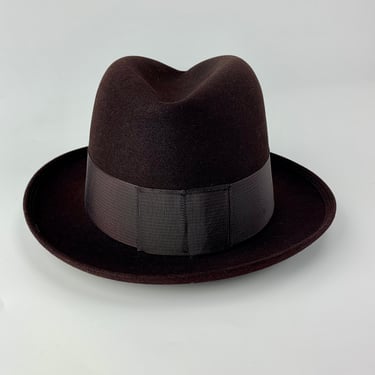 1940'S-50'S  ROYAL STETSON Fedora - Chocolate Wool Felt - Wide Grosgrain Ribbon Band - Men's Size 7-1/8 NOS DeadStock 