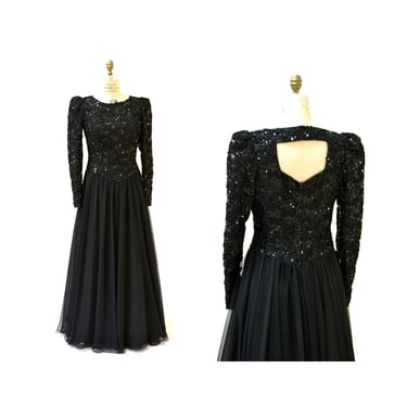 80s Vintage Black Evening Gown Dress Medium Large Lace and Sequin Dress // Vintage Black Sequin Gown Size Large Long Sleeves 