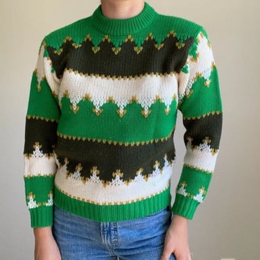 Vintage Nan Dorsey 1970s Retro Striped Chunky Wool Green Preppy Sweater Sz M 