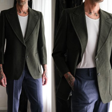 Vintage 70s Pierre Cardin Boutique Olive Green Polkadot Wide Lapel Blazer | Made in France | 100% Wool | 1970s Designer Tailored Suit Jacket 