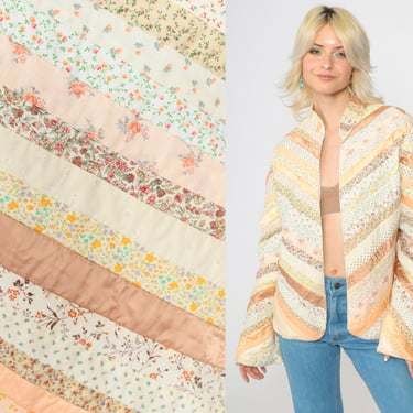 Floral Quilted Jacket 70s Calico Print Peach Pink Cream Striped Boho Jacket Mandarin Collar Open Front Bohemian 1970s Hippie Vintage Large 