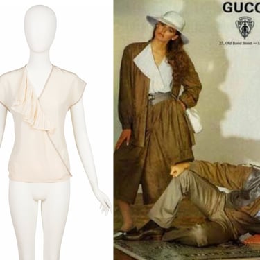 Gucci 1983 S/S Ad Campaign Vintage Ruffle Neck Cream Silk Top Sz S 
