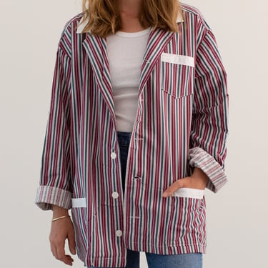Vintage Magenta Grey Striped Shirt Jacket | Stripe Cotton Pajama Chore shirt | L | 