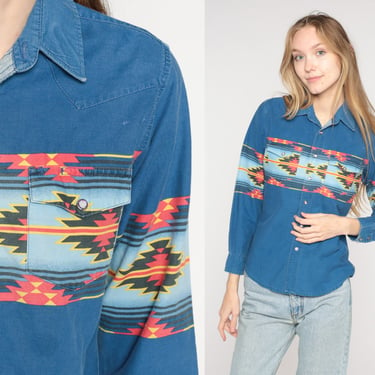 Southwestern Shirt 90s Blue Pearl Snap Rustler Button Up Ikat Print Western Top Collar Boho Long Sleeve Blouse Vintage 1990s Extra Small xs 