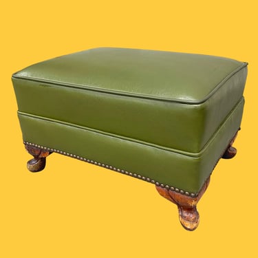 Vintage Ottoman Retro 1960s Mid Century Modern + Green Vinyl + Cushioned Top + Rectangular + Brown Wood Feet + Nailed Trim + Extra Seating 