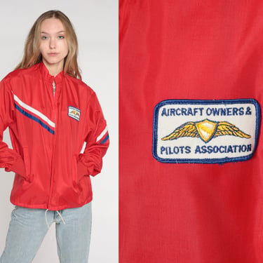 Red Windbreaker 80s Aircraft Owners & Pilots Association Uniform Jacket Retro Zip Up Nylon AOPA Plane Striped Patch Vintage 1980s Mens Small 