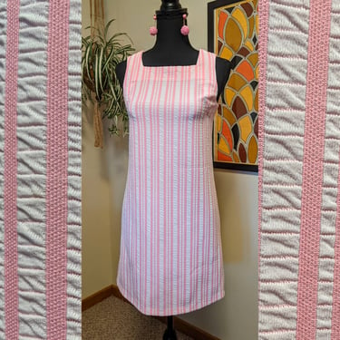 Vintage 1960s Pink & White Stripe Textured Polyester Sleeveless Square Neckline Shift Mini Dress 