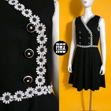 LOVELY Vintage 60s Black Fit & Flare Cotton Dress with Daisy Trim by Howard Wolf 