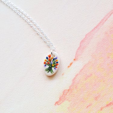 Floral Bouquet Ceramic Charm Necklace, Hand Painted Porcelain, Hand Painted Necklace, Dainty Silver Chain, Folk Art Ceramics, Wildflower Art 