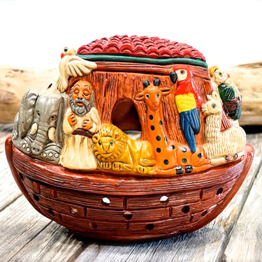 VINTAGE: 5.5" Authentic PERUVIAN Handmade Clay Pottery - Noah ark Votive - SKU 35-A-00033280 