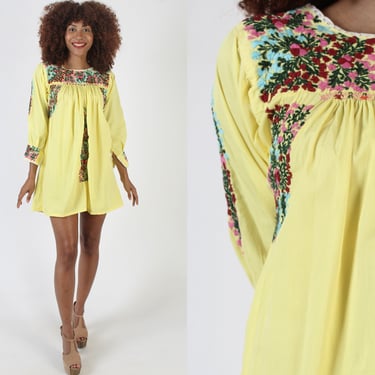 Long Sleeve Yellow Cotton Oaxacan Dress, Womens Hand Embroidered Traditional Ethnic Sundress, Made In Mexico Mini Dress 