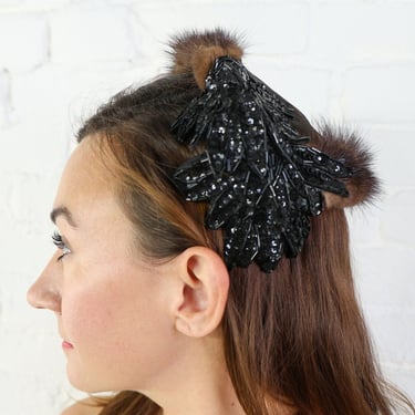 1950s Mink Black Sequin Fascinator Hat | 50s Black Bead & Mink Fascinator | Ranleigh 