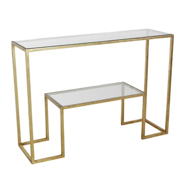 European Jean Royere French Gilded Steel &#038; Glass 2 Tier Console Table