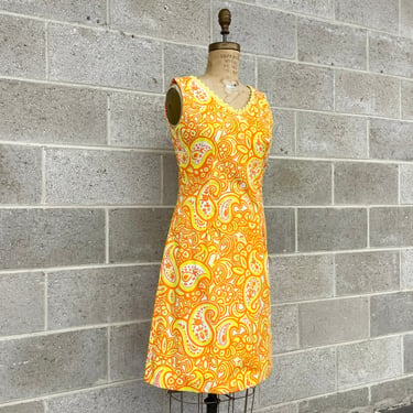 Vintage Dress Retro 1960s Hand Screened in Miami + Paisley Print + Yellow and Orange + Shift + Novelty + Tropical + Beach + Womens Apparel 