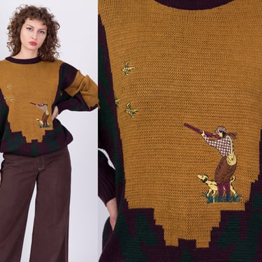 90s Color Block Hunting Sweater - Men's XL | Vintage Pagliano Embroidered Applique Novelty Knit Pullover Jumper 