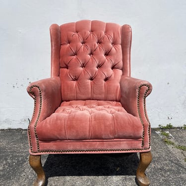 Vintage Wingback Chair Blush Pink Deep Tufted Lounger Armchair Chair Nailhead Trim Oak Wood Seating Hollywood Regency Accent Seating 
