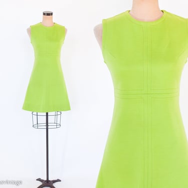 1960s Lime Green Dress | 60s Chartreuse Wool Shift Dress | Green Sleeveless Dress | Medium 