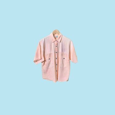 90s Peach Oxford, Vintage Surf Skate Top, Style Distressed Faded Short Sleeve Button Down Collared Shirt, Oversized Loose Fit Summer Shirt 