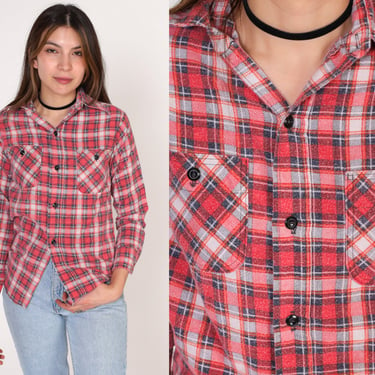 Red Flannel Shirt 90s Plaid Button Up Shirt Retro Checkered Print Collared Long Sleeve Top Grunge Lumberjack Vintage 1980s Extra Small xs 