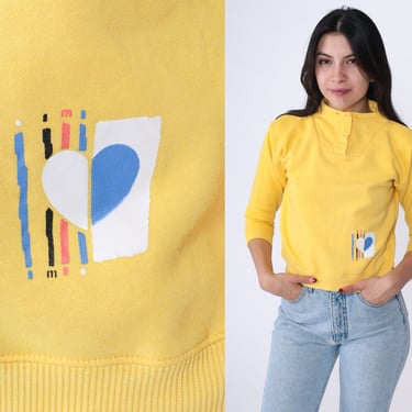 90s Sweatshirt Yellow Heart Sweatshirt Heart Print FUNNEL NECK Button Neck Cropped Retro 1990s Vintage Streetwear Extra Small xs Petite 