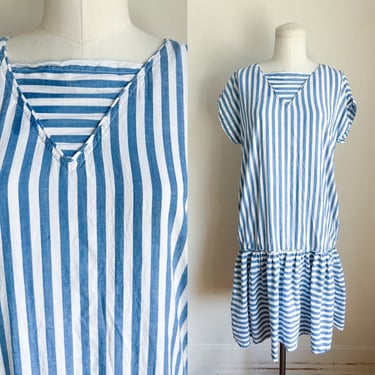 Vintage 1980s Striped Drop Waist Cotton Dress / S 