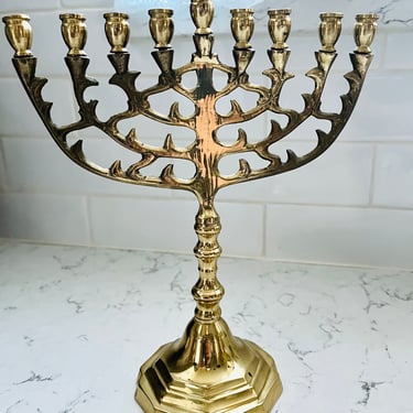 9 Candle Holder Solid Brass Patina Menorah Candle Holder - Approx 8