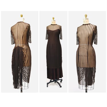 RARE 90s 00s Vintage Vivienne Tam Brown Striped Mesh Dress Size 1 Small Medium long Pleated Slip Dress long Sleeve Mesh Sheer Bustle Dress 
