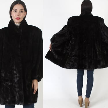 Real Mahogany Mink Fur Jacket / Mid Length Dark Ranch Coat / Vintage 80s Natural Fur Under Collar / Plus Size Womens Winter Overcoat 
