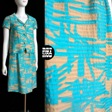 So Cute Vintage 60s Blue & Beige Abstract Psychedelic Print Dress with Matching Jacket Top 