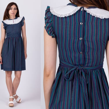 80s Blue Striped Bib Collar Dress - Girl's 14 | Vintage Girly Fit & Flare Button Back Mini 