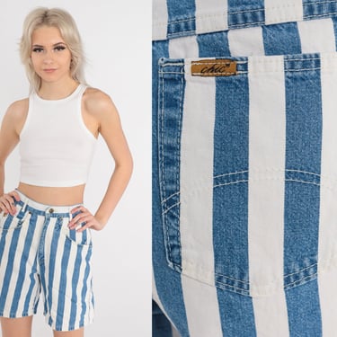 Striped Jean Shorts 90s Blue White Shorts Denim Shorts High Waisted Shorts 1990s Vintage Retro Summer Chic Jeans Extra Small xs 