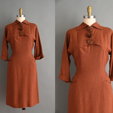 vintage 1940s Dress | Jack Mann Cinnamon Gabardine Fur Winter Party Dress | Medium Large 