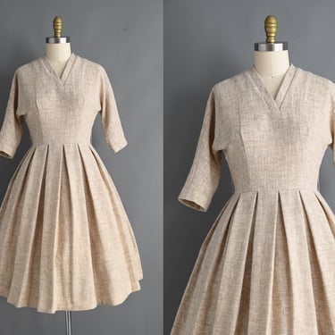 vintage 1950s Dress | Neutral Cozy Wool Winter Pleated Full Skirt Dress | Small Medium 