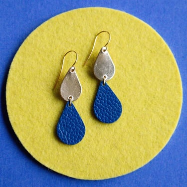 Double Tiered Leather Droplet Earrings - Blue + Gold 