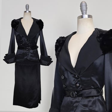 Rare 1920s / 1920s Suit / Black Silk Suit / Fur Trimmed Suit / Liquid Satin / Size Small 