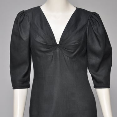 1980s Ungaro black linen dress with puffed sleeves S/M 