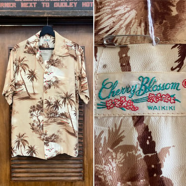 Vintage 1950’s “Cherry Blossom” Label Crepe Tiki Tropical Hawaiian Shirt, 50’s Loop Collar Shirt, Vintage Clothing 