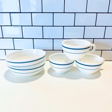 Vintage Pyrex Cereal Bowls and Mugs Set, MCM Milk Glass, Blue Stripe Pyrex 