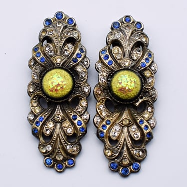50's Hollywood Regency rhinestones & enamel on metal clip ons, long ornate bling ribbon earrings 