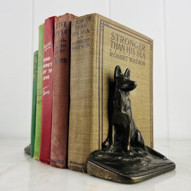 Vintage German Shepherd Bookends or Door Stops brass coloured cast iron vintage home decor book shelf decor gift for book lover dog lover 