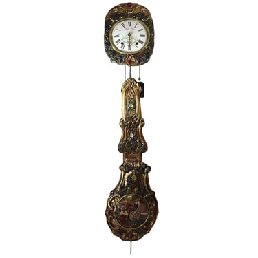 Antique French Jacques Almar Brass, Iron and Enamel Comtoise Wall Clock 