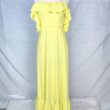 70s House of Bianchi Yellow Vintage Dress // Off-the-Shoulder Ruffled Hem Maxi Dress with Belt 